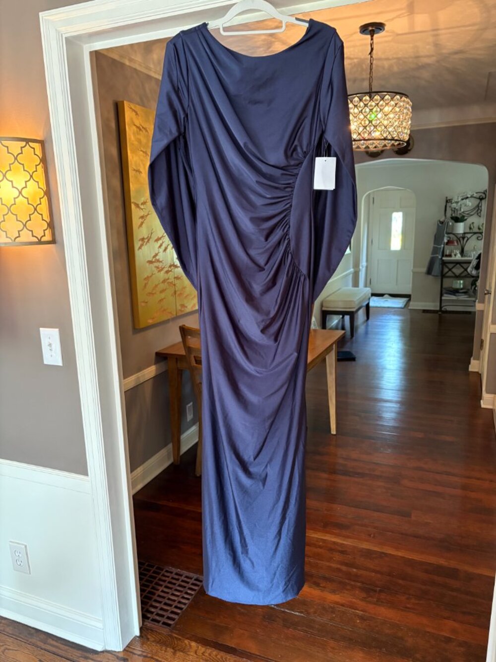 NWT After Six Midnight Blue Draped Satin Maxi Dress with Back Cape. Size M-8/10